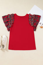 Load image into Gallery viewer, Racing Red Plaid Pearl Ruffled Short Sleeve Knitted Christmas Holiday Plus Size T-shirt