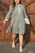 Load image into Gallery viewer, Green Contrast Striped Frilled Collar 3/4 Sleeve Plus Size Floral Dress