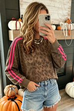 Load image into Gallery viewer, Brown Leopard Print Striped Detail Relaxed Pullover Sweatshirt