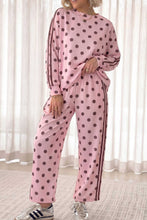 Load image into Gallery viewer, Pink Polka Dot Print Side Stripe Detail Long Sleeve Top Casual Pant Set