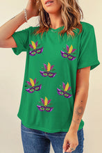 Load image into Gallery viewer, Bright Green Sequin Mardi Gras Mask Patched Pattern Crewneck Tee