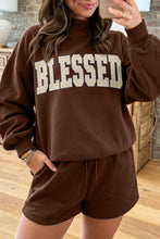 Load image into Gallery viewer, Dark Green Christmas Slogan Print Mock Neck Pullover and Shorts Set