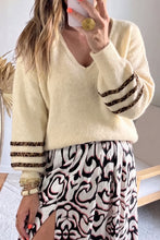 Load image into Gallery viewer, Beige V Neck Leopard Striped Detail Long Sleeve Casual Sweater