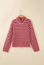 Load image into Gallery viewer, Red Stripe Striped High Neck Zip-up Sweater Long Sleeve Casual Fit Drop Shoulder Open Front Cardigan
