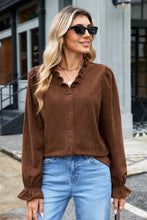 Load image into Gallery viewer, Coffee Solid Color Ruffle Trim V Neck Long Sleeve Button Corduroy Shakcet