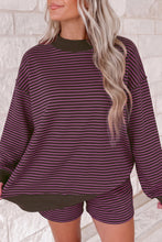 Load image into Gallery viewer, Blue Stripe Ribbed Patchwork Mock Neck Baggy Pullover Matching Shorts Set