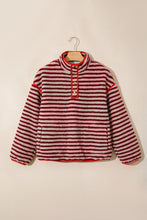 Load image into Gallery viewer, Red Striped Fuzzy Colorblock Button Placket Sweatshirt