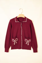 Load image into Gallery viewer, Burgundy Bow Pocket Collar Long Sleeve Knit Cardigan