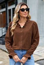 Load image into Gallery viewer, Coffee Solid Color Ruffle Trim V Neck Long Sleeve Button Corduroy Shakcet