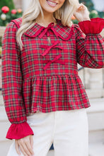 Load image into Gallery viewer, Red Plaid Tie Neck Ruffle Cuffs Long Sleeve Shift Blouse