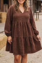 Load image into Gallery viewer, Coffee Winter Corduroy V Neck Long Sleeve Plus Size Mini Dress