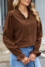Load image into Gallery viewer, Coffee Solid Color Ruffle Trim V Neck Long Sleeve Button Corduroy Shakcet