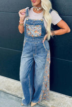 Load image into Gallery viewer, Peacock Blue Floral Patchwork Bib Denim Wide Leg Overalls