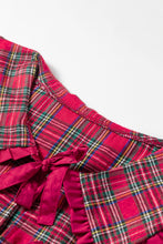 Load image into Gallery viewer, Red Plaid Tie Neck Ruffle Cuffs Long Sleeve Shift Blouse