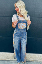 Load image into Gallery viewer, Peacock Blue Floral Patchwork Bib Denim Wide Leg Overalls