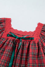 Load image into Gallery viewer, Red Plaid Square Collar Lace Trim Short Sleeve Shift Mini Dress