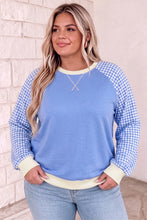 Load image into Gallery viewer, Light Blue Plaid Sleeve Ribbed Colorblock Trim Plus Size Sweatshirt