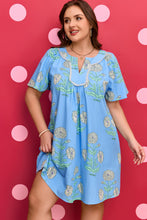 Load image into Gallery viewer, Sky Blue Plus Periwinkle Floral Printed Short Sleeve Striped Trim Split Neck Mini Dress