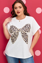 Load image into Gallery viewer, White Plus Size Leopard Bow Embroidered Patch Casual T Shirt