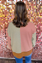 Load image into Gallery viewer, Brown Stripe Striped Colorblock V Neck Oversized Long Sleeve Plus Size Blouse