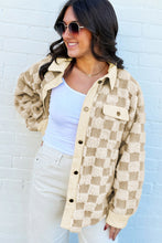 Load image into Gallery viewer, Khaki Plush Checkered Corduroy Trim Metal Button Long Sleeve Shift Silhouette Shacket