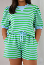 Load image into Gallery viewer, Green Stripe Plus Size Colorblock Detail Puff Sleeve Top Drawstring Shorts 2pcs Outfit