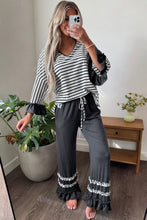 Load image into Gallery viewer, Gray Stripe V Neck Ruffle Contrast Sleeve Top Drawstring Pants 2pcs Set