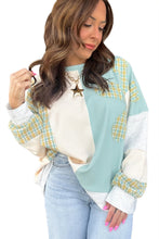 Load image into Gallery viewer, Light Blue Plaid Patchwork Round Neck Long Sleeve Top