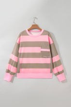 Load image into Gallery viewer, Pink Stripe Striped Colorblock Patch Pocket Split Hem Oversized Long Sleeve Sweatshirt