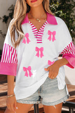 Load image into Gallery viewer, White Sequin Bow Pattern Striped Color Block Collar Half Sleeve Shift Top