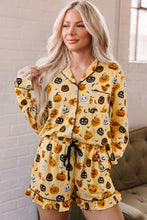 Load image into Gallery viewer, Orange Long Sleeve Ruffle Pumpkin Face Print Two Piece Lounge Set