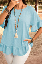 Load image into Gallery viewer, Light Blue Ruffled Short Sleeve Plus Size Casual Blouse