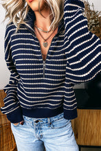 Load image into Gallery viewer, Blue Stripe Textured Knit Half Zip Collared Long Sleeve Top