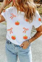 Load image into Gallery viewer, White Sequin Chenille Pumpkin Bow Pattern Casual Short T Shirt