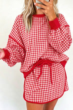 Load image into Gallery viewer, Green Gingham Oversized Ribbed Trim Crew Neck Long Sleeve Top and Skort Set