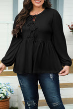 Load image into Gallery viewer, Black Solid Color Bow Tie Front Long Sleeve Plus Size Peplum Blouse