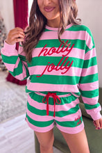 Load image into Gallery viewer, Red Stripe Holly Jolly Embroidery Pullover Long Sleeve Two Piece Shorts Set