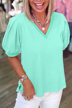 Load image into Gallery viewer, Turquoise Solid Color V Neck Short Puff Sleeve Blouse