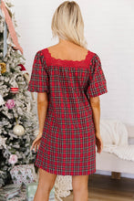 Load image into Gallery viewer, Red Plaid Square Collar Lace Trim Short Sleeve Shift Mini Dress