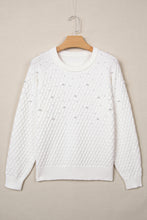 Load image into Gallery viewer, White Solid Textured Knit Pearl Embellished Pullover Sweater