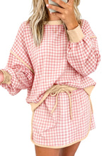 Load image into Gallery viewer, Brown Gingham Oversized Ribbed Trim Crew Neck Long Sleeve Top and Skort Set