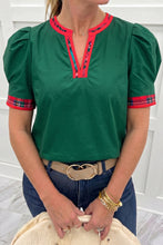 Load image into Gallery viewer, Evergreen Plaid Trim V Neck Short Sleeve Shift Blouse