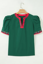 Load image into Gallery viewer, Evergreen Plaid Trim V Neck Short Sleeve Shift Blouse