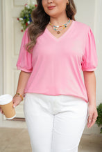 Load image into Gallery viewer, Bonbon V Neck Pleated Short Puff Sleeve Plus Size Blouse