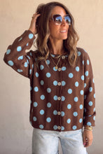 Load image into Gallery viewer, Brown Polka Dot Button Down Dropped Shoulder Shift Cardigan