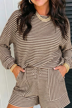 Load image into Gallery viewer, Brown Stripe Textured Knit Long Sleeve Top Elastic Waist Shorts Casual Outfit