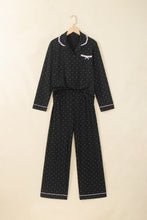 Load image into Gallery viewer, Black Polka Dot Long Sleeve Shirt Lace Detail Two Piece Pajama Pant Set