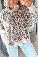 Load image into Gallery viewer, Beige Leopard Print Ribbed Color Block Trim Pullover Sweater