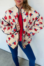 Load image into Gallery viewer, White Floral Print Zipper Stand Neck Outerwear Fleece Coat