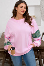 Load image into Gallery viewer, Pink Plus Size Mix Floral Patched Sleeve Ribbed Trim Baggy Sweatshirt